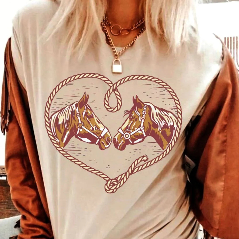 western t-shirt for cowgirls with 2 horse rope and heart design