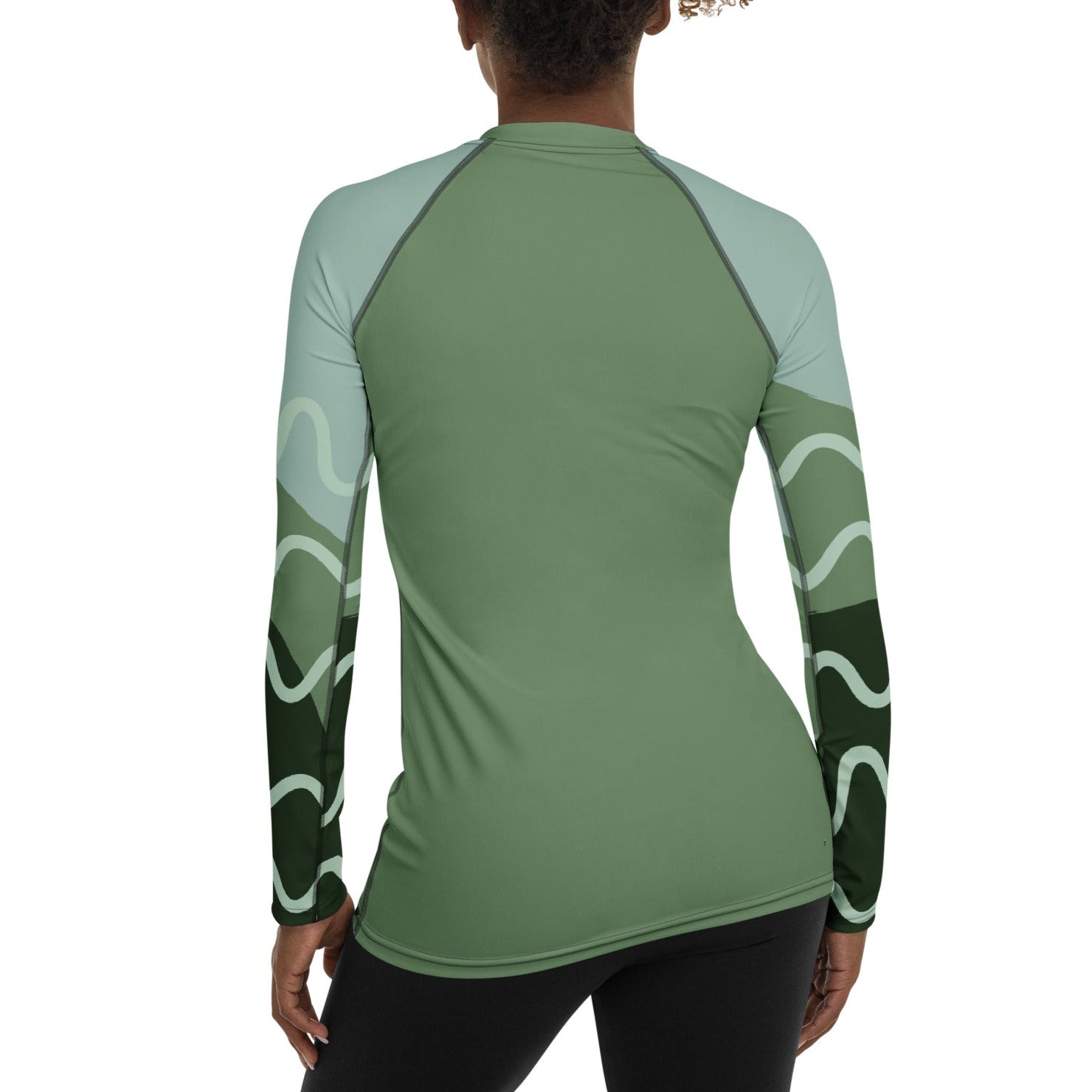 back view of Woman wearing a Sage Green Geometric Sleeved Women's Rash Guard