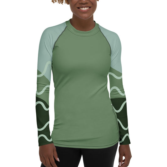 front view of Woman wearing a Sage Green Geometric Sleeved Women's Rash Guard