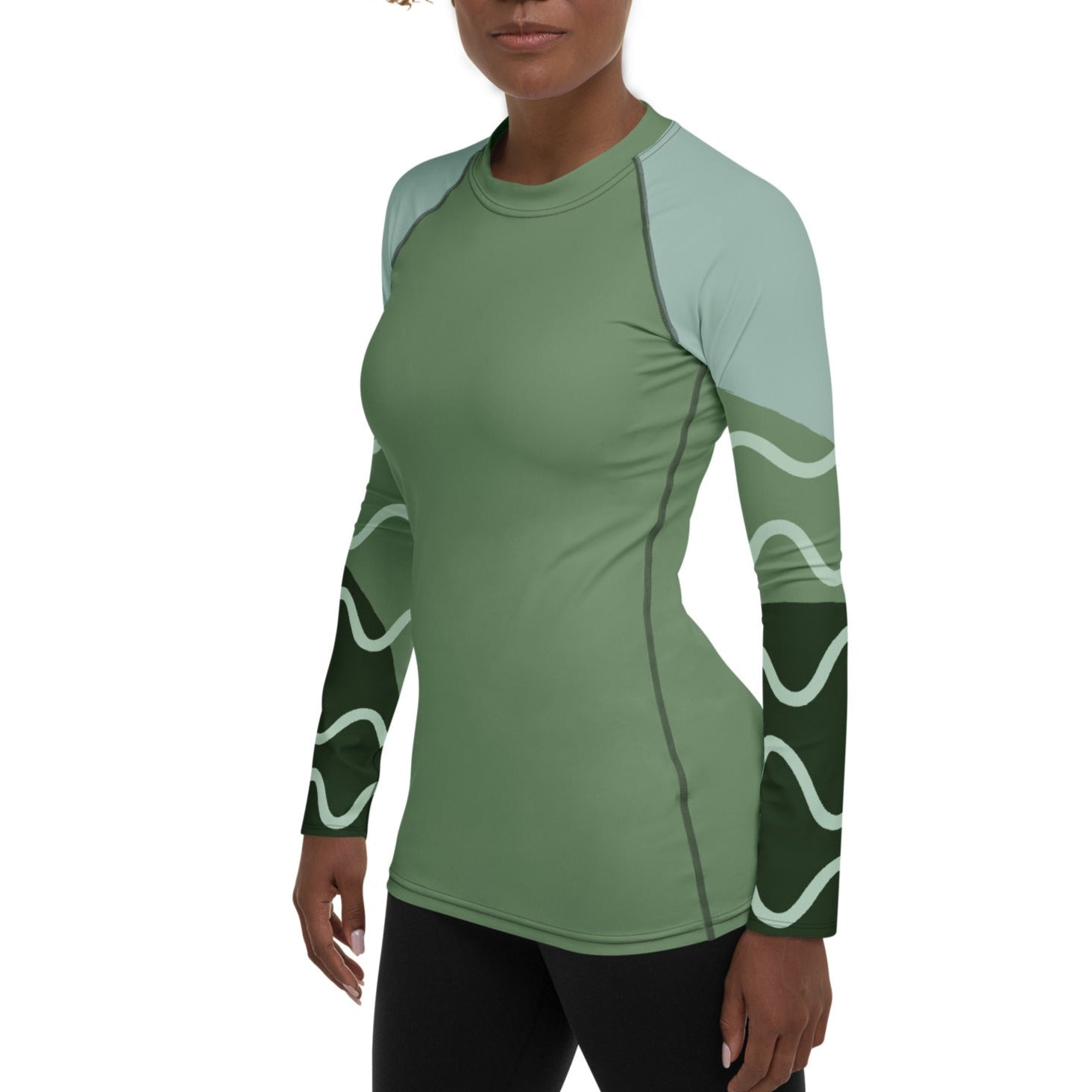 side view of Woman wearing a Sage Green Geometric Sleeved Women's Rash Guard