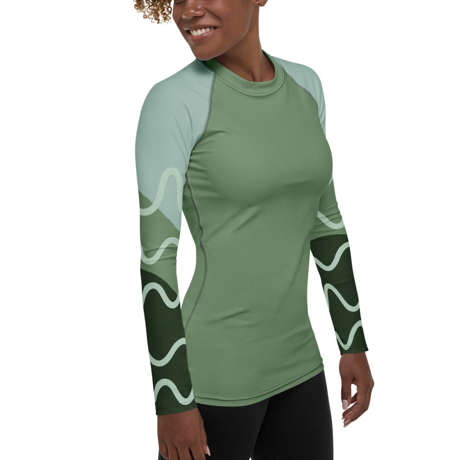 side view of Woman wearing a Sage Green Geometric Sleeved Women's Rash Guard