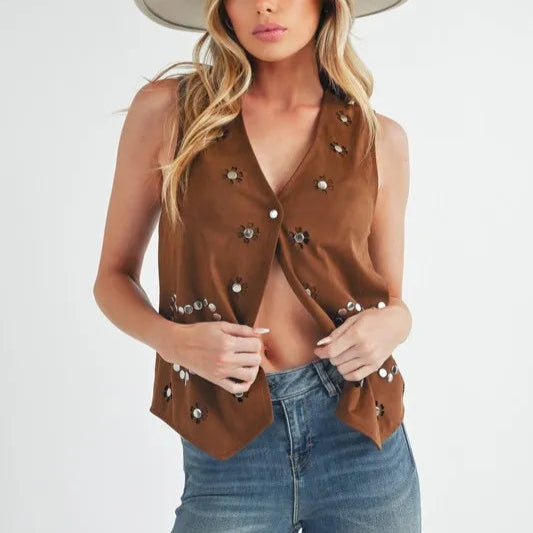 Woman wearing a Cowgirls Rivet Detail Suede Vest in brown color