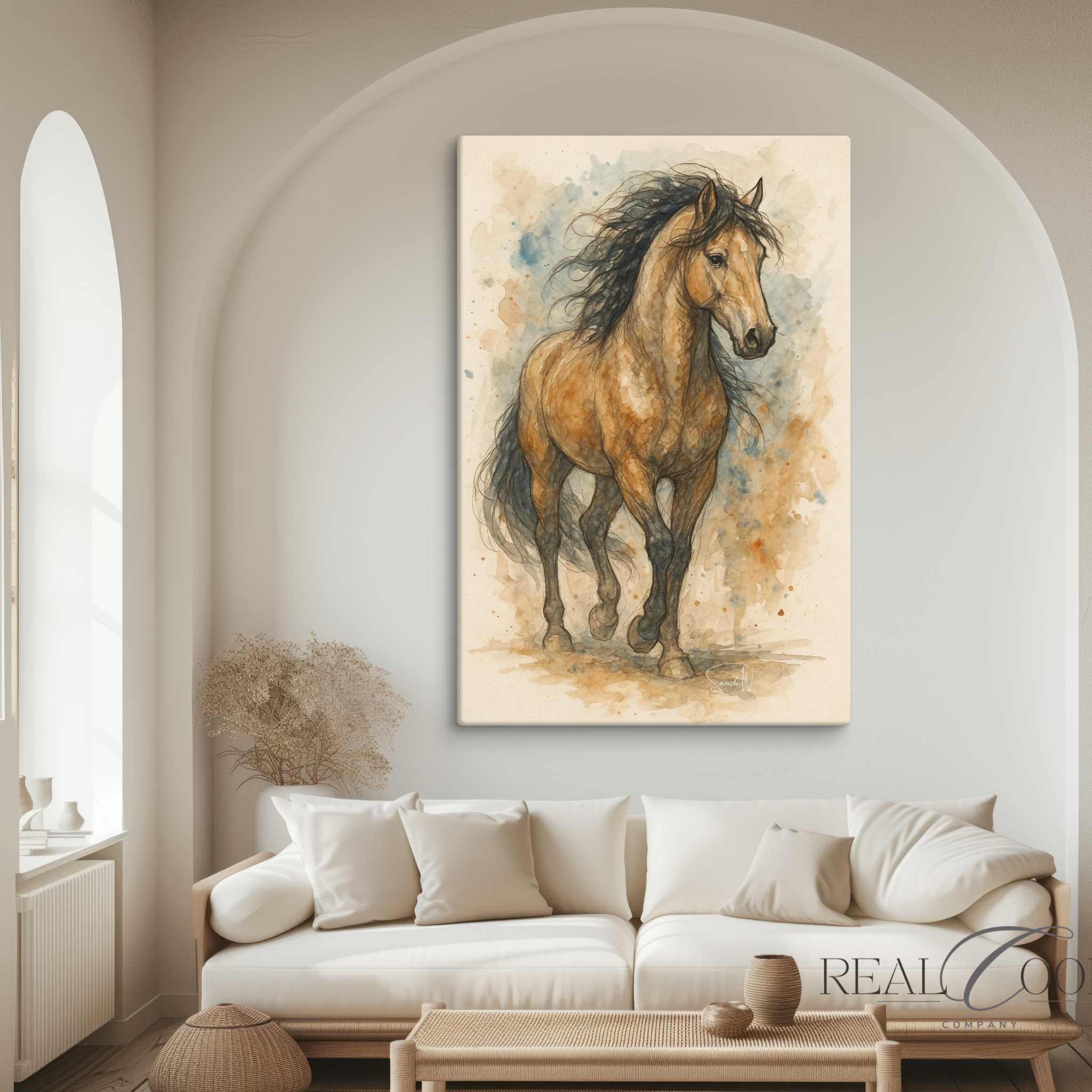 Stylized painting of a horse on a wall above a beige sofa in a living room.