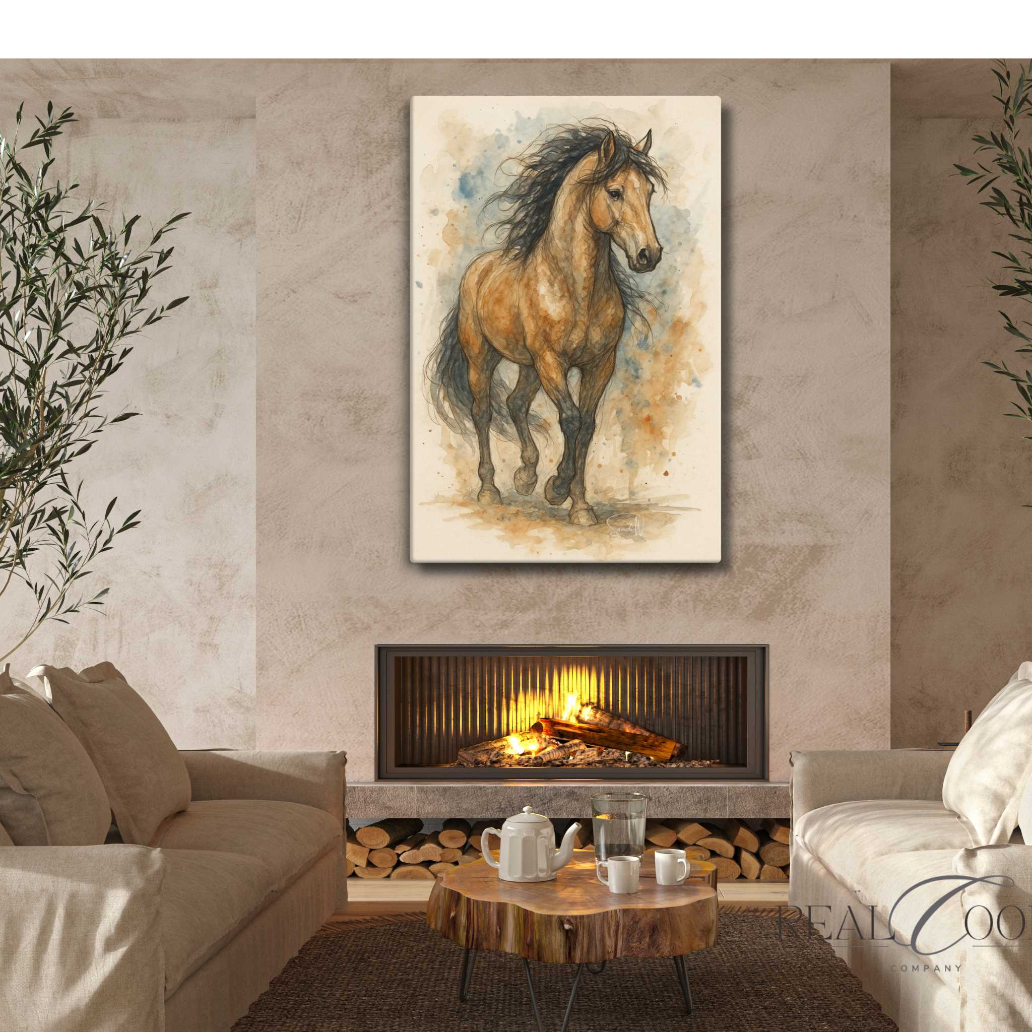 Living room with a painting of a horse above a fireplace