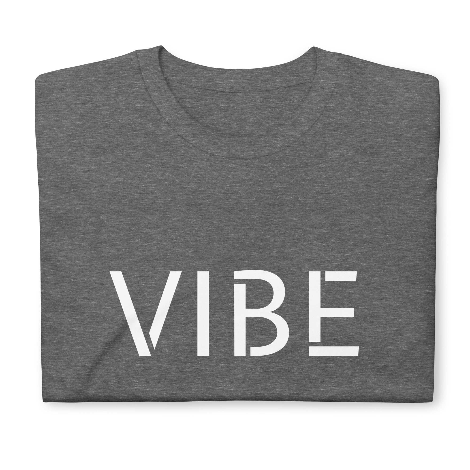 Gray t-shirt with 'VIBE' printed on it against a white background