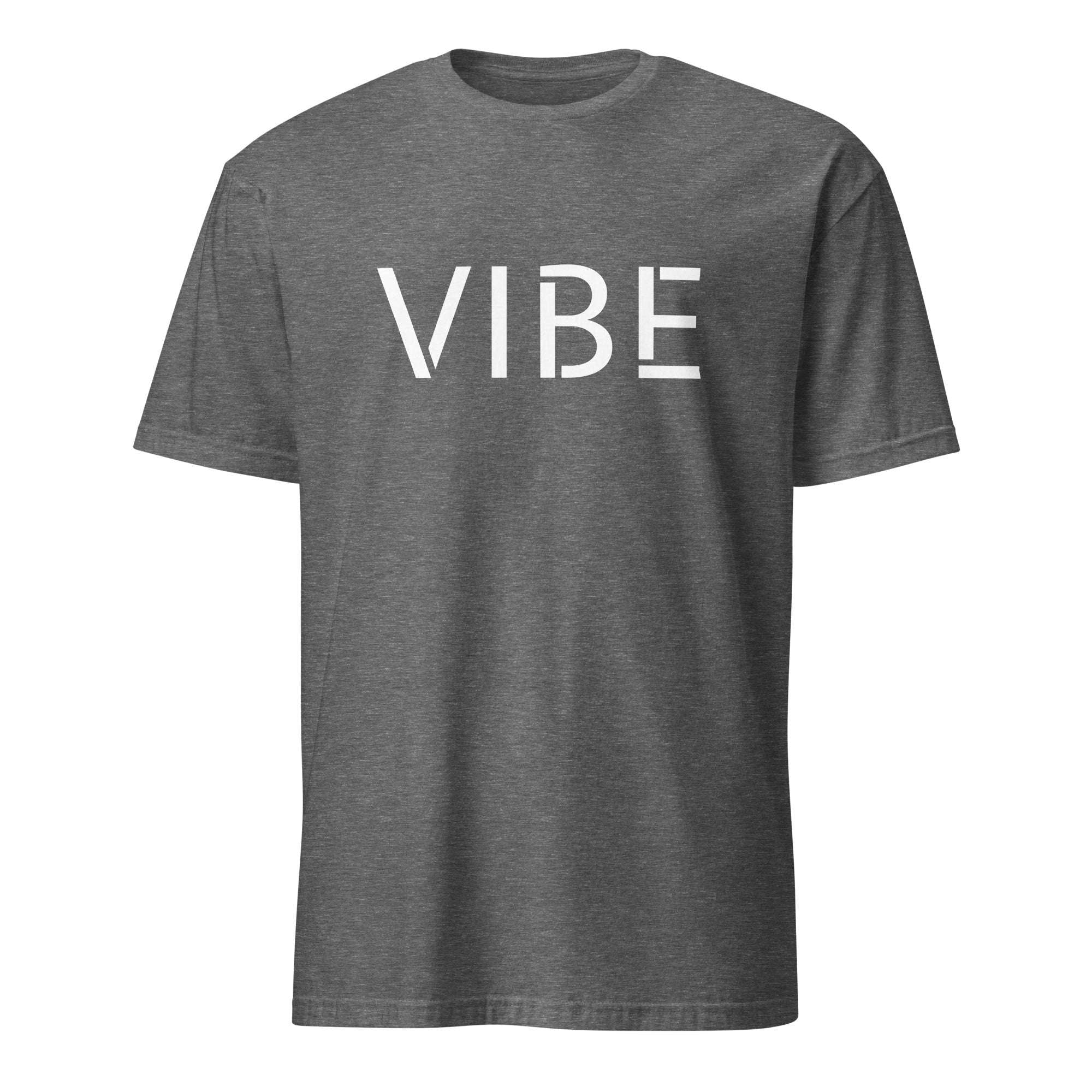 Gray t-shirt with 'VIBE' printed in white on a white background